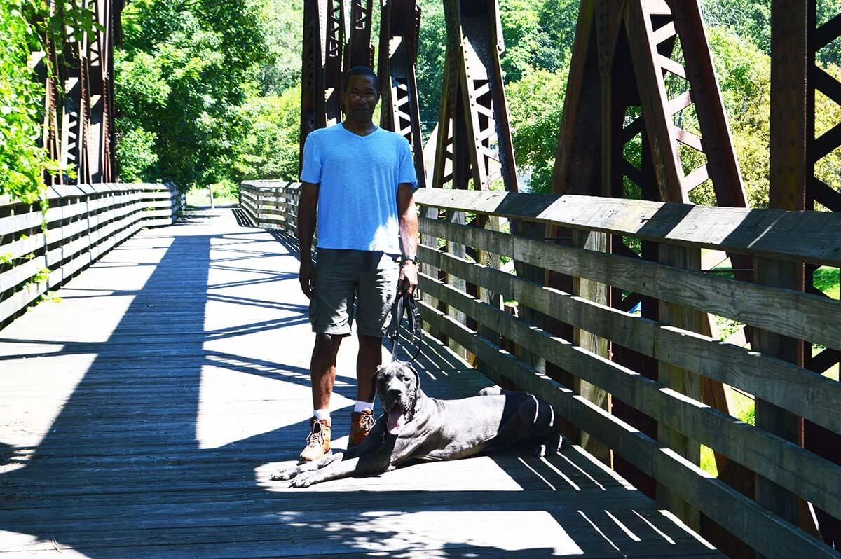 Shawn Hines standing on a wooden bridge with a Ggreat Dane dog during an in-home training consultation